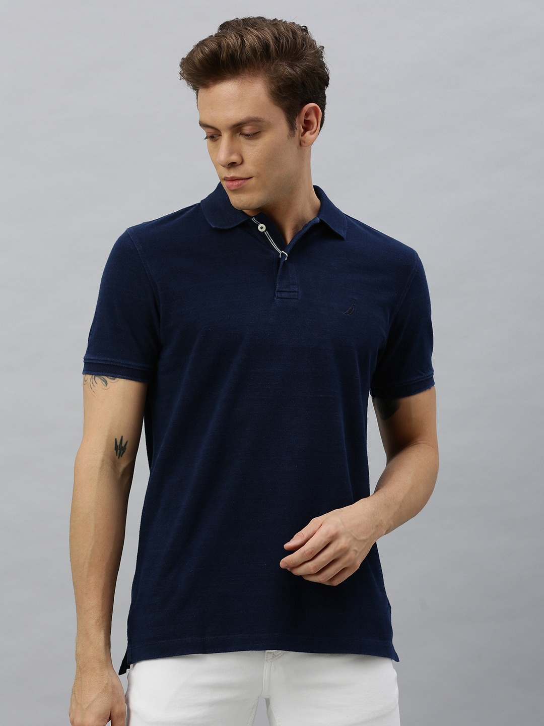 

Nautica Men Navy Blue Solid Polo Collar Pure Cotton Slim Fit T-shirt