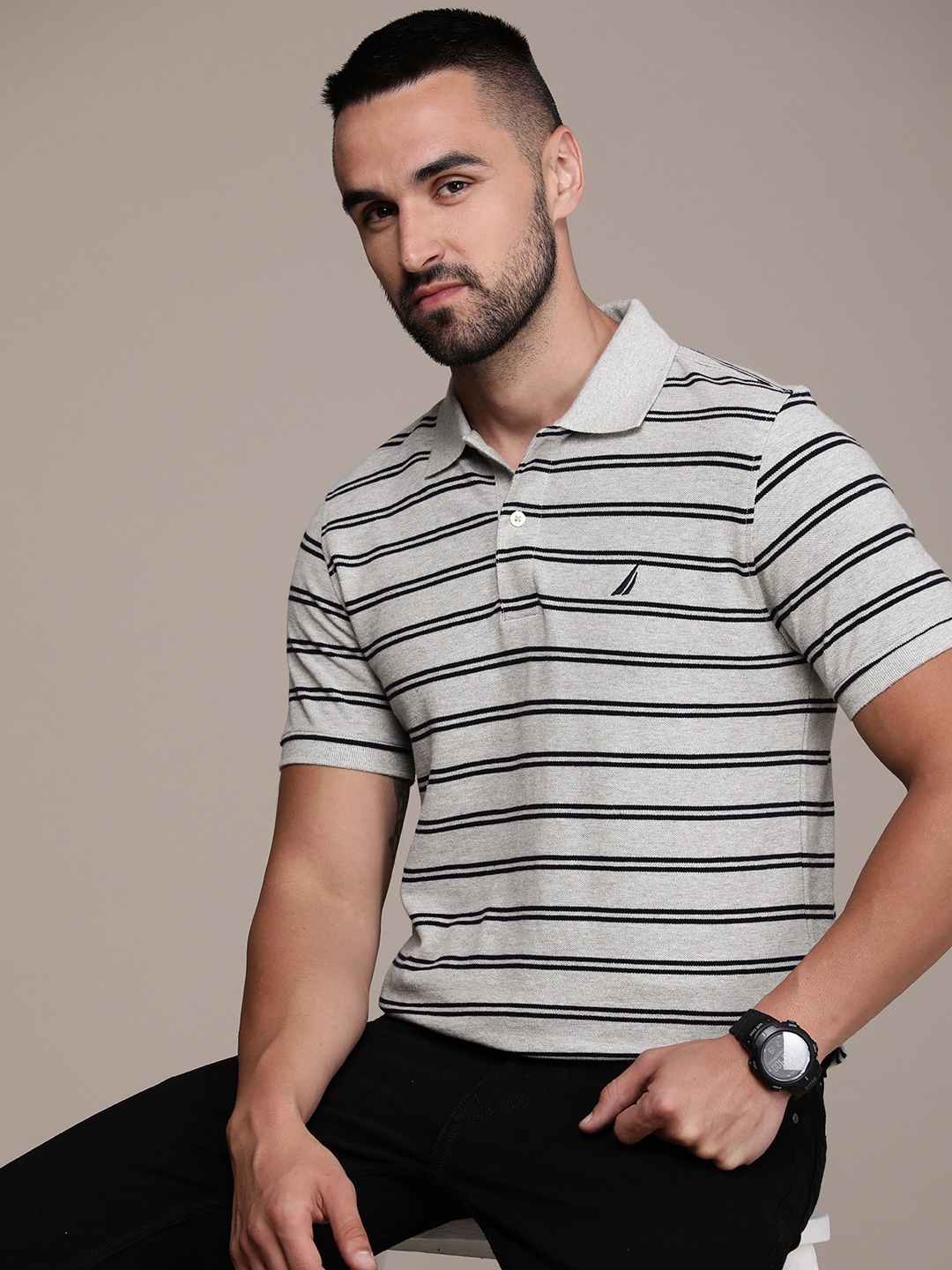 

Nautica Men Grey & Black Slim Fit Striped Polo Collar T-shirt