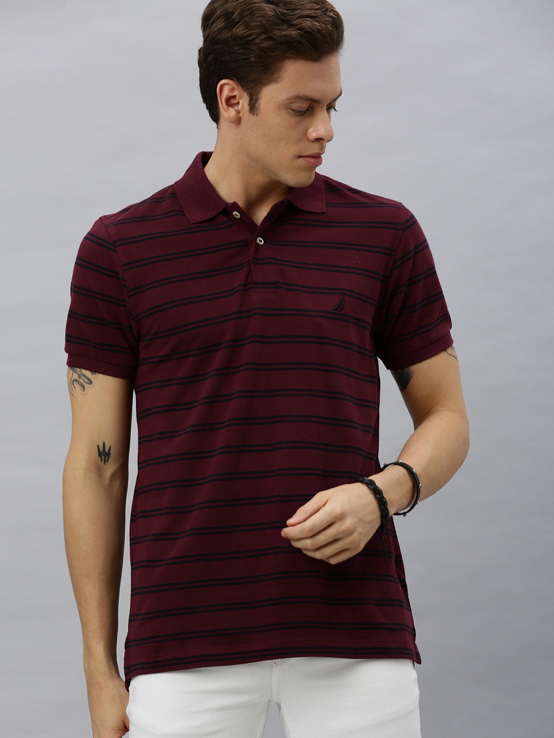 

Nautica Men Burgundy & Navy Blue Striped Polo Collar Pure Cotton Slim Fit T-shirt, Maroon