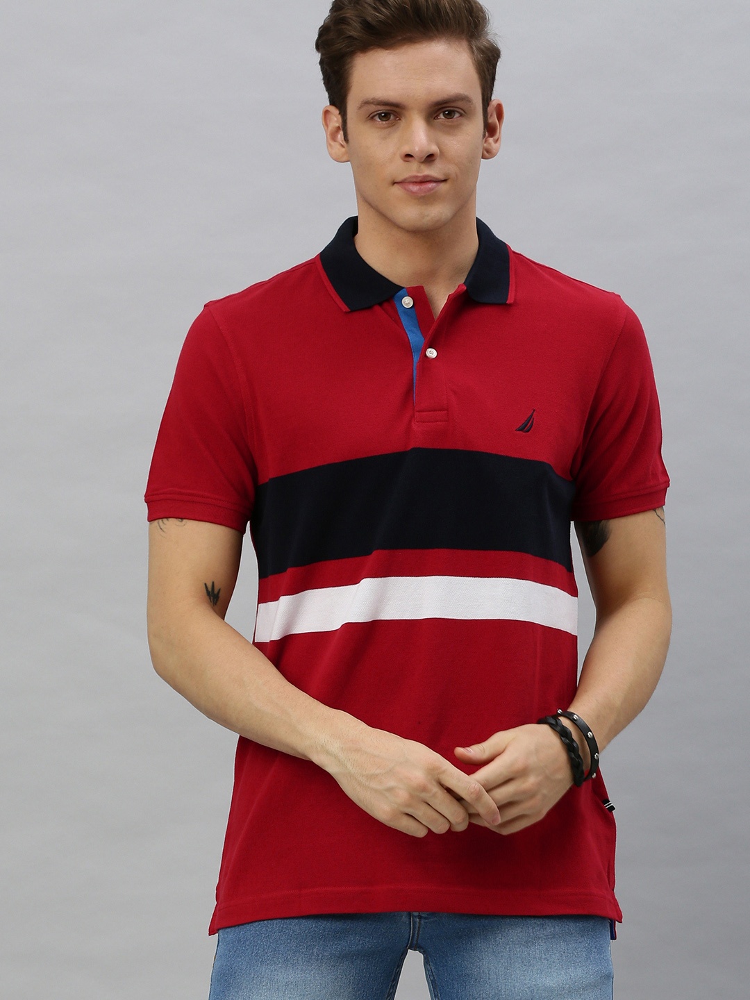 

Nautica Men Red Striped Polo Collar T-shirt