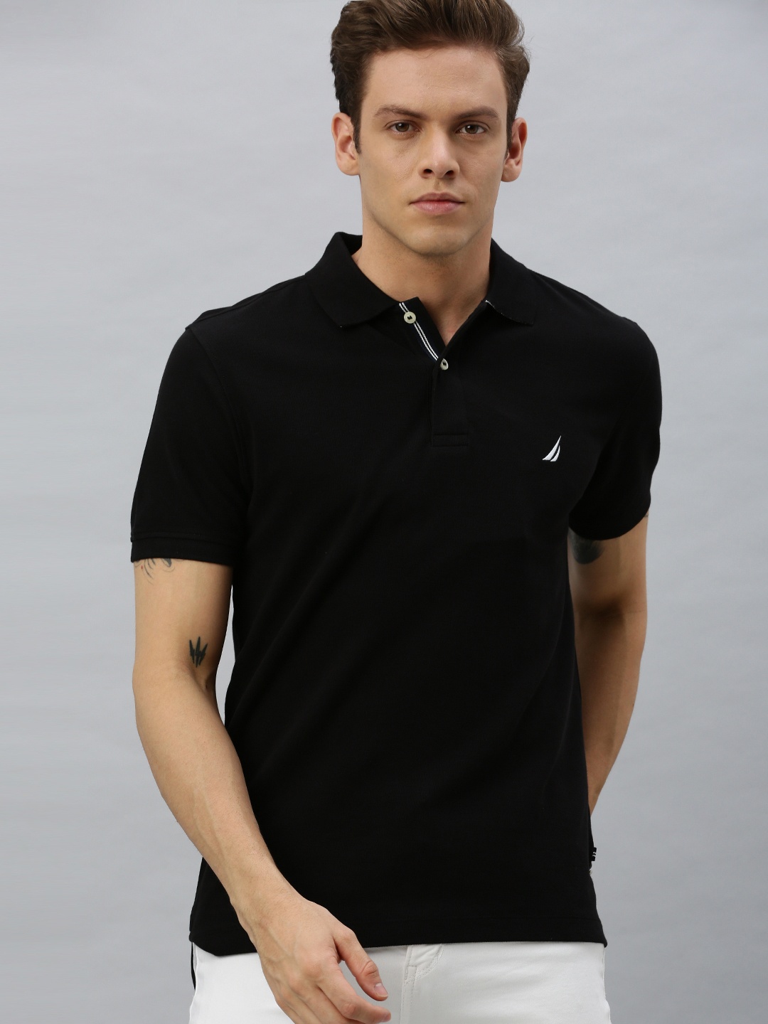 

Nautica Men Black Solid Polo Collar Regular Sleeves Embroidered Pure Cotton T-shirt