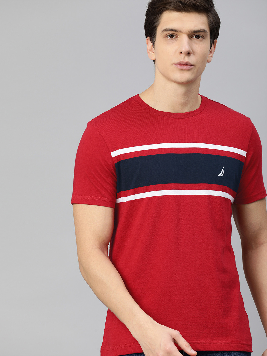 

Nautica Men Red Navy Blue Striped Round Neck Pure Cotton T-shirt