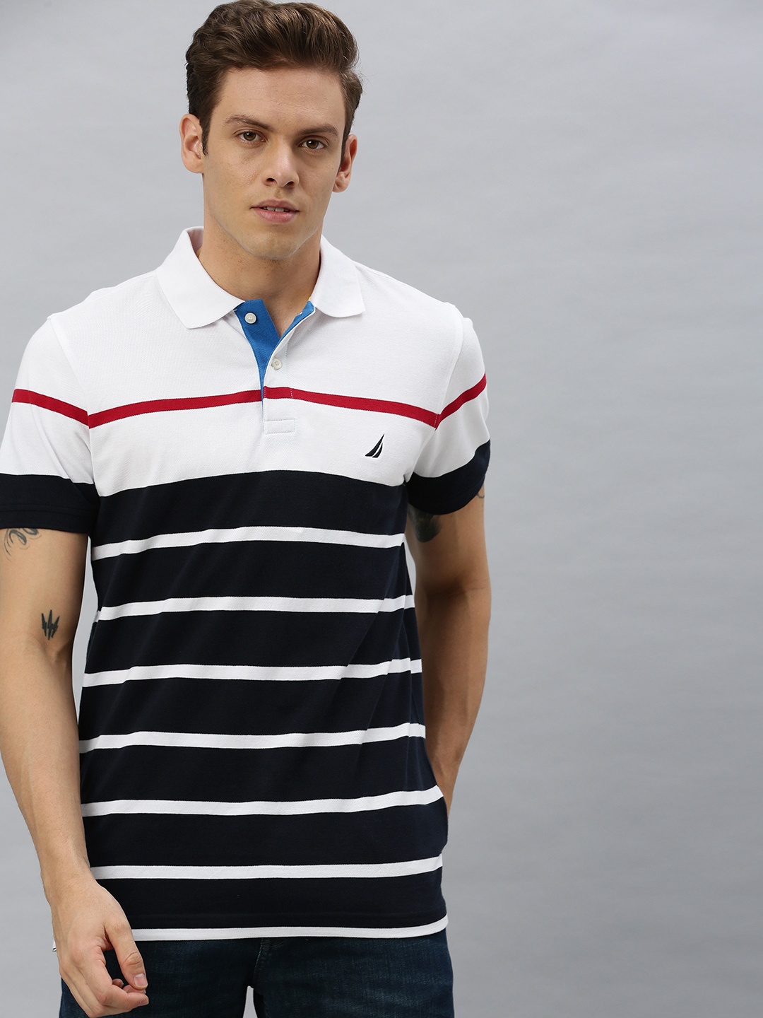 

Nautica Men White & Navy Blue Striped Polo Collar Pure Cotton T-shirt