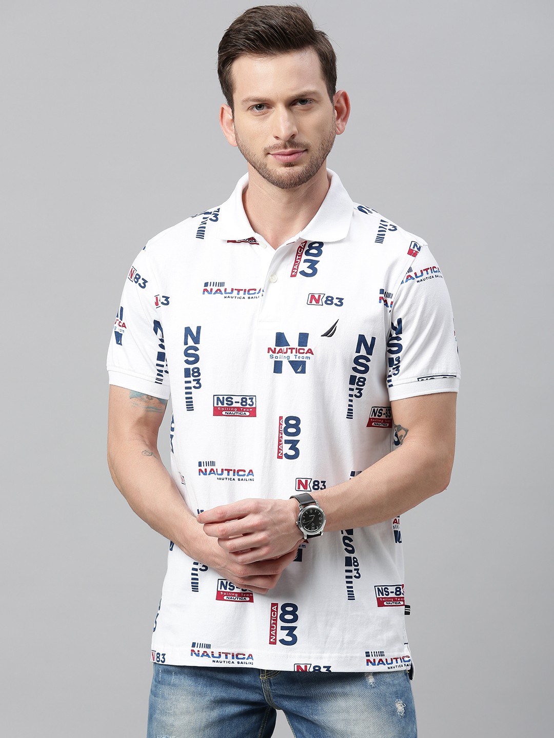 

Nautica Men White Printed Polo Collar Pure Cotton T-shirt