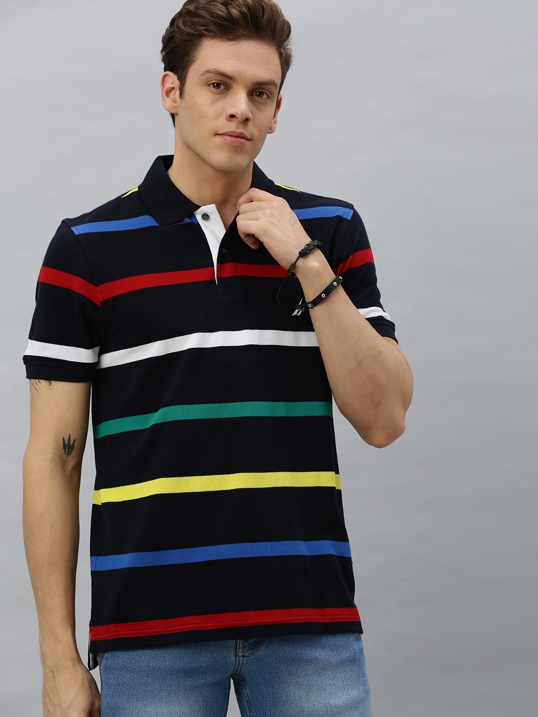 

Nautica Men Navy Blue Striped Polo Collar Pure Cotton T-shirt