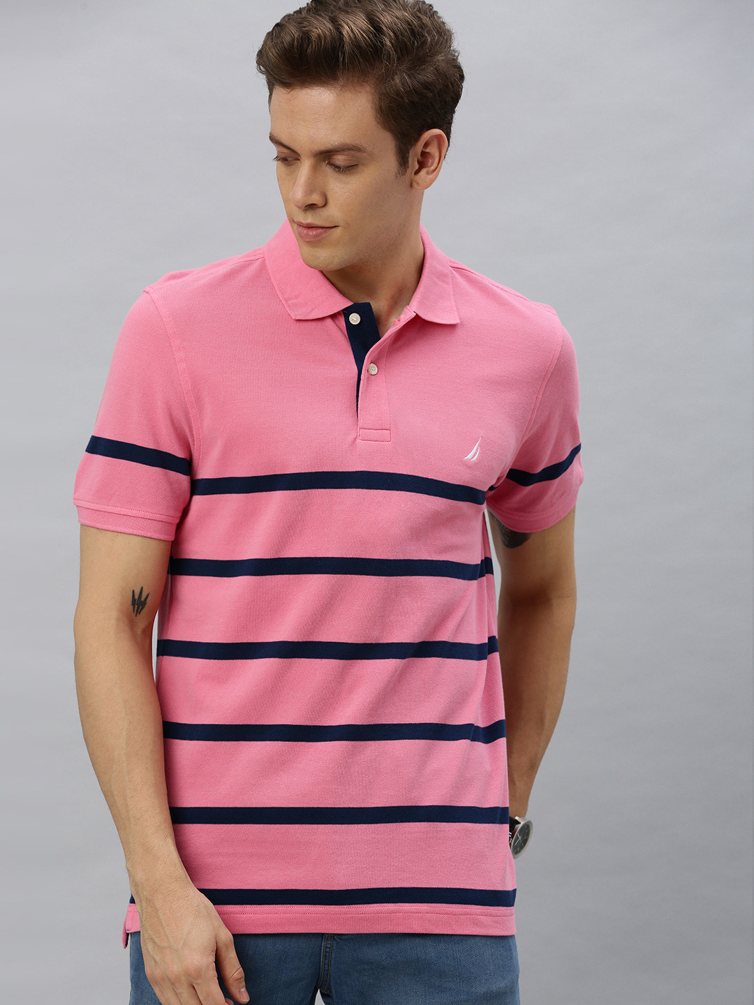 

Nautica Men Pink & Navy Blue Striped Polo Collar Pure Cotton T-shirt