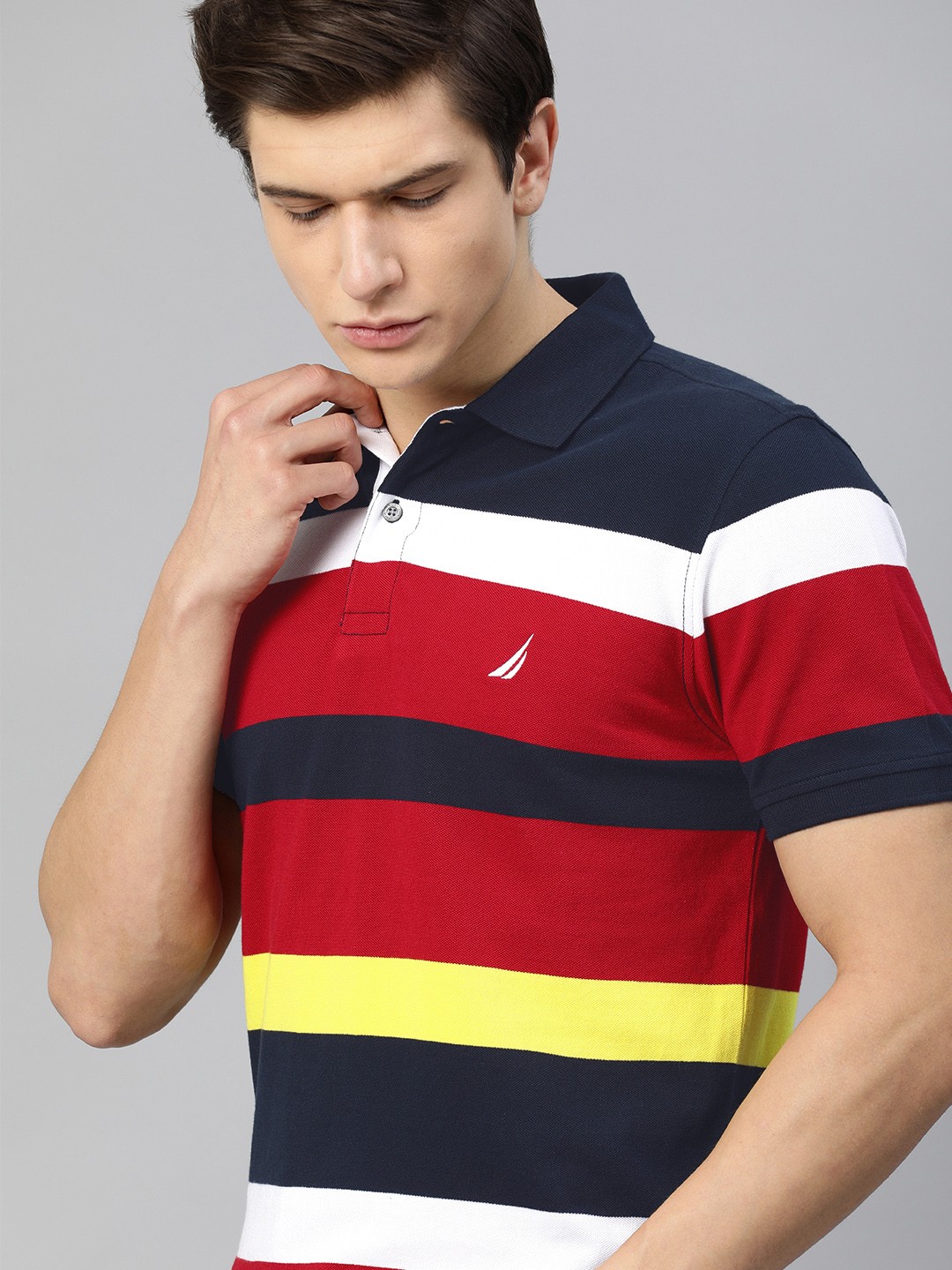 

Nautica Men Red Navy Blue Striped Polo Collar Pure Cotton T-shirt