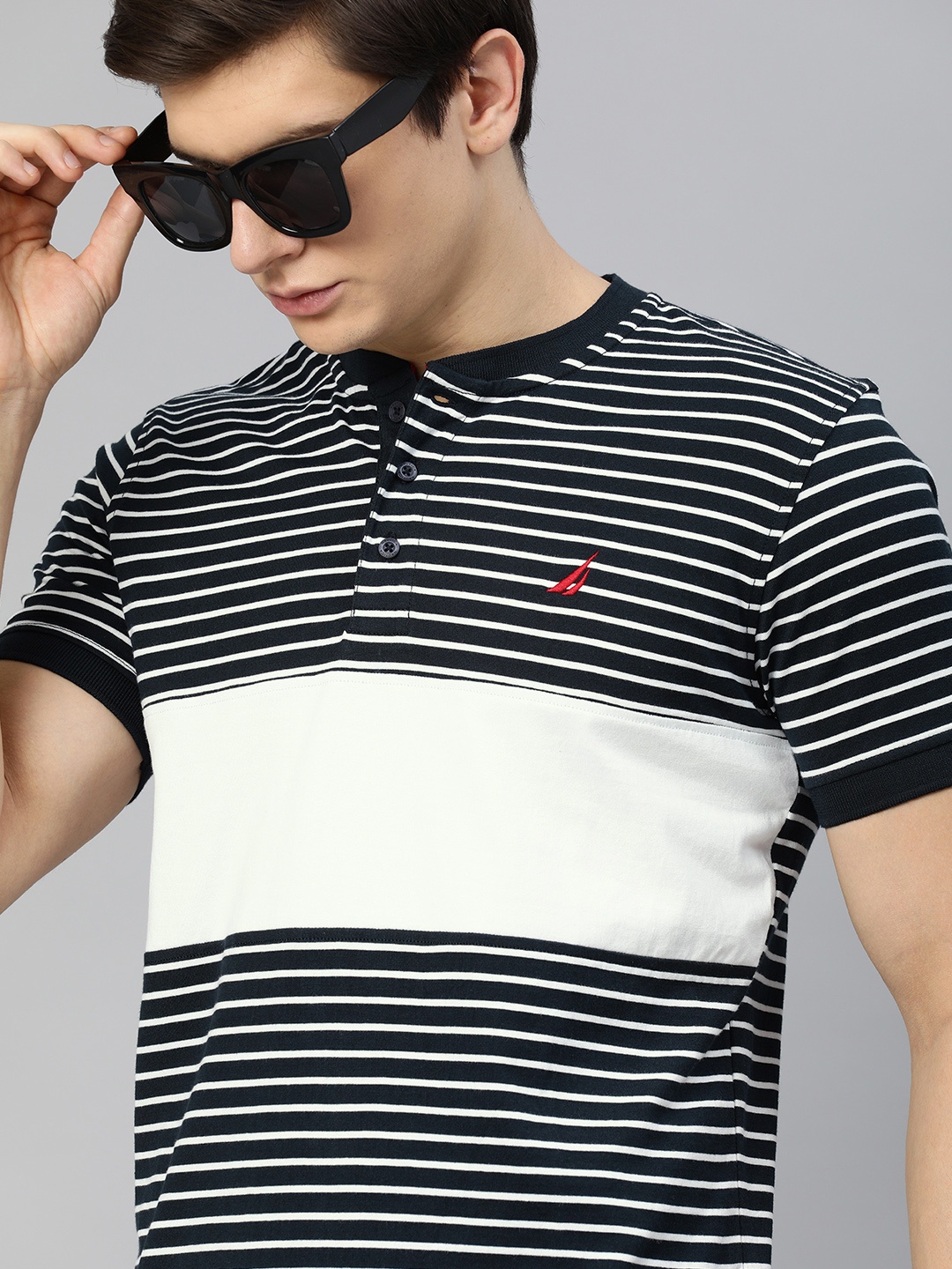 

Nautica Men Navy Blue White Striped Henley Neck Pure Cotton T-shirt