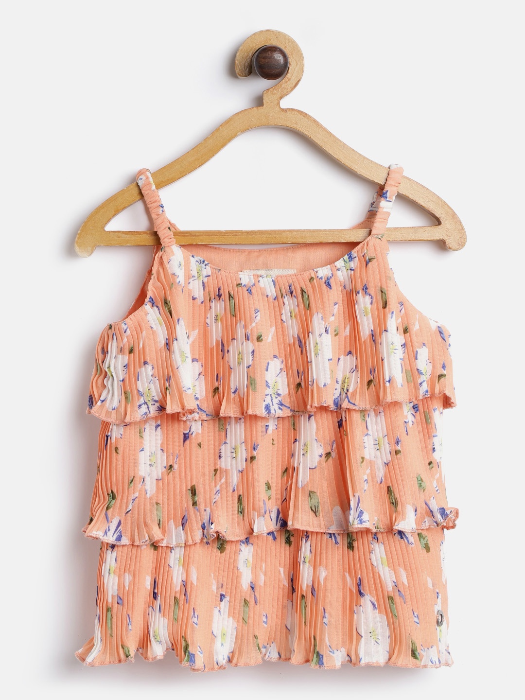 

Gini and Jony Girls Peach-Coloured & White Accordion Pleat Floral Print Tiered Top