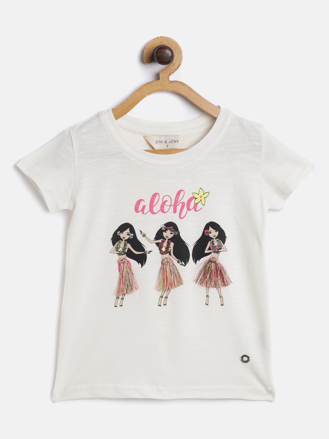 

Gini and Jony Girls Off-White Printed Round Neck Pure Cotton T-shirt with Tasselled Detail