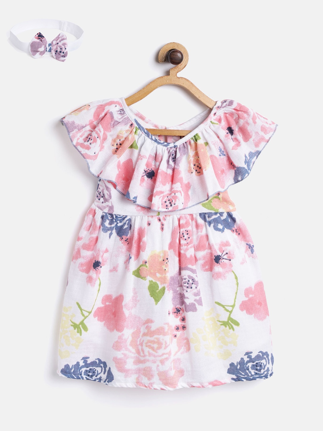 

Gini and Jony Girls White & Pink Floral Printed Fit & Flare Dress with Hairband