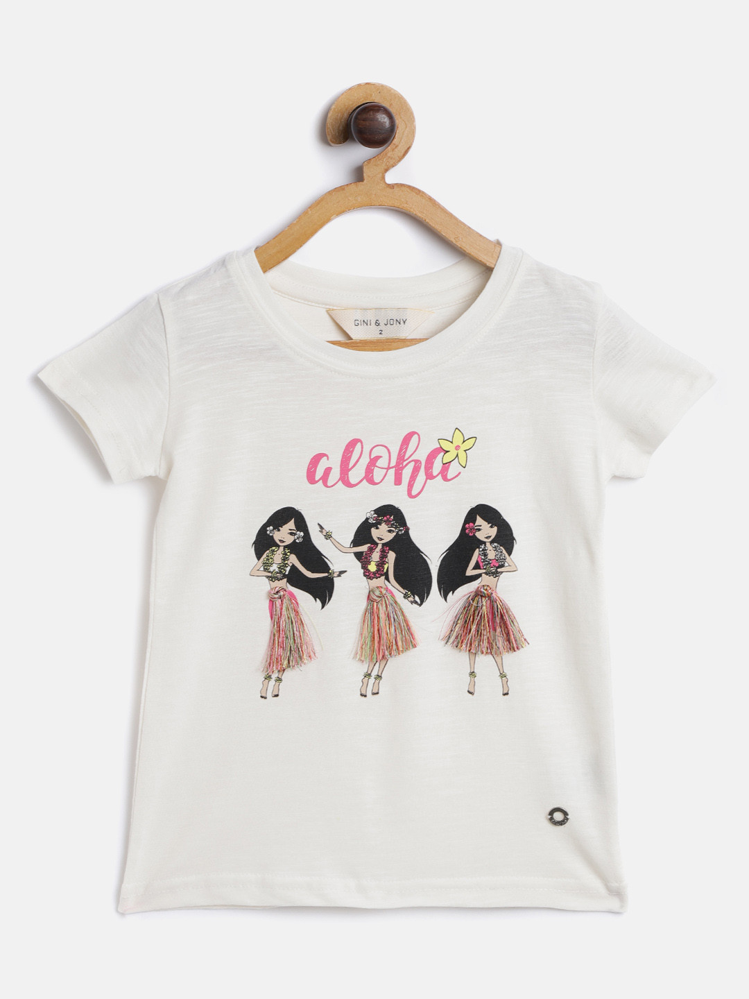 

Gini and Jony Girls Off-White Pink Printed Round Neck Pure Cotton T-shirt with Tasselled Detail