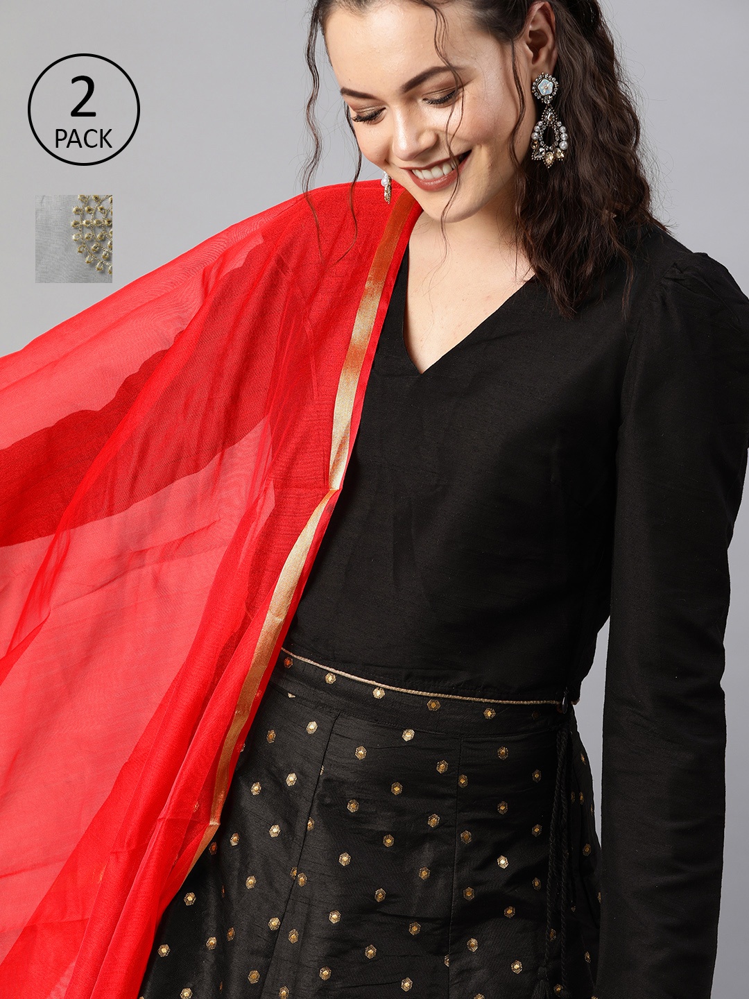 

Tulsattva Pack of 2 Red & Black Woven Design Dupatta