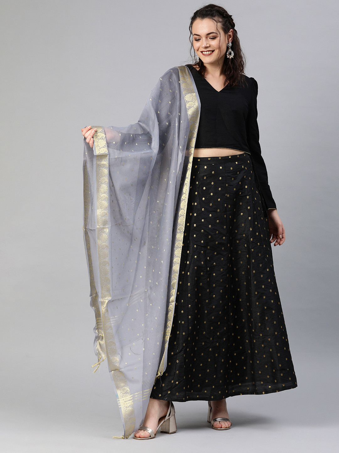 

Tulsattva Grey & Golden Woven Design Dupatta