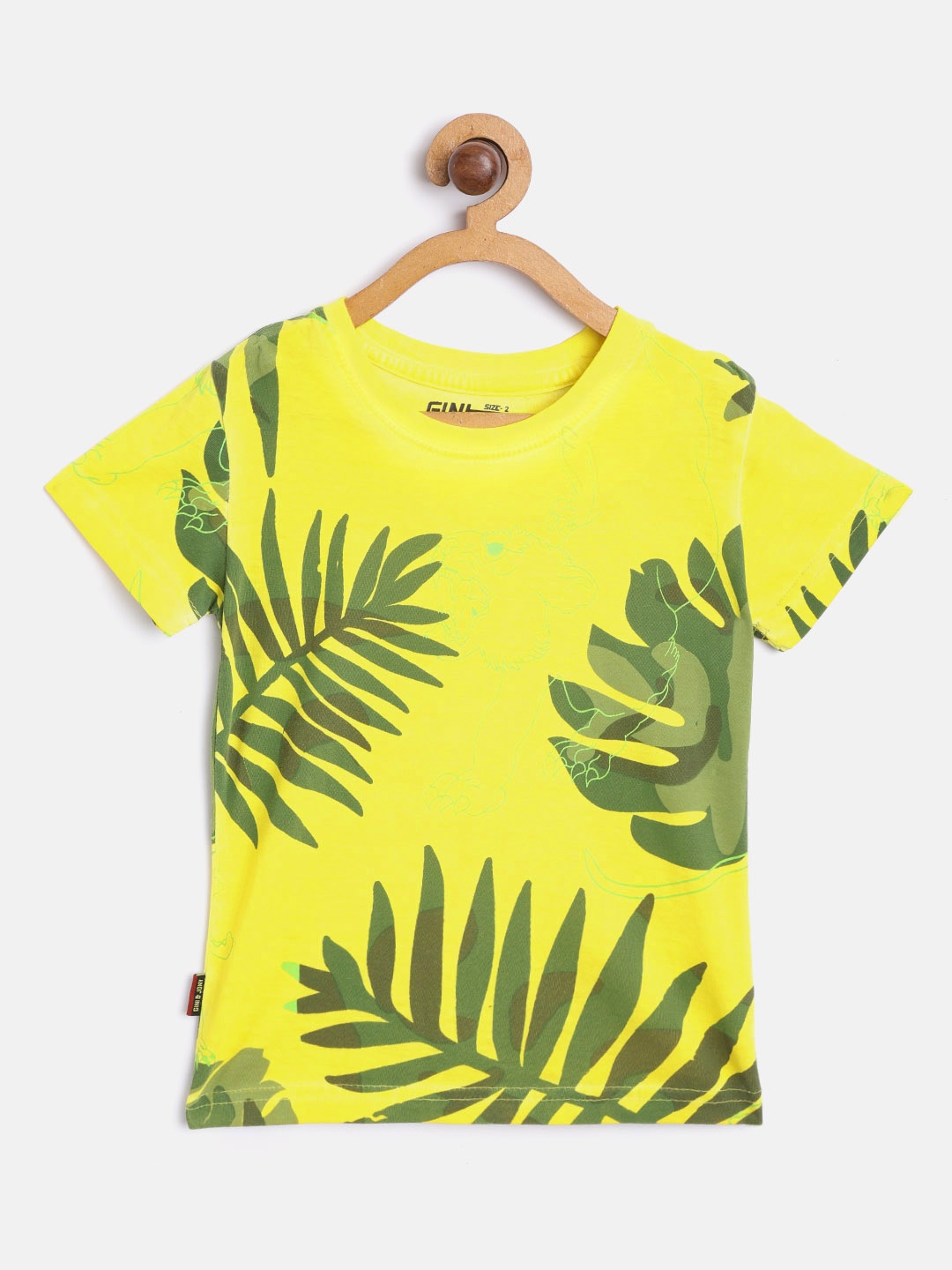 

Gini and Jony Boys Yellow Olive Green Printed Round Neck Pure Cotton T-shirt