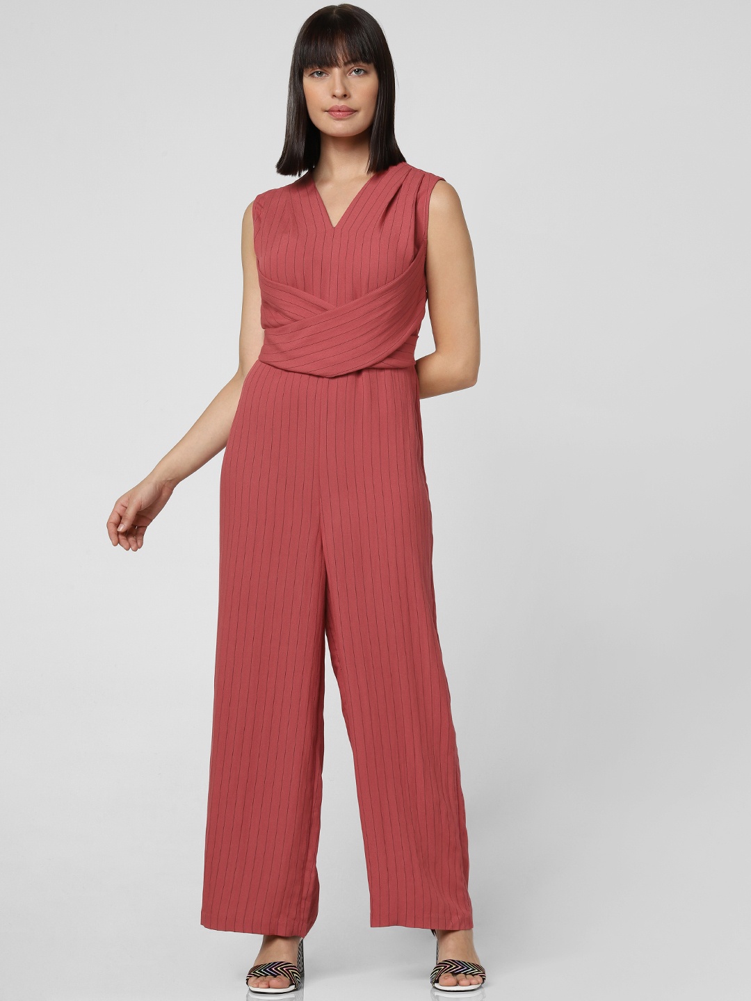 

Vero Moda Women Rust Pink & Black Striped Wrap Detailed Basic Jumpsuit