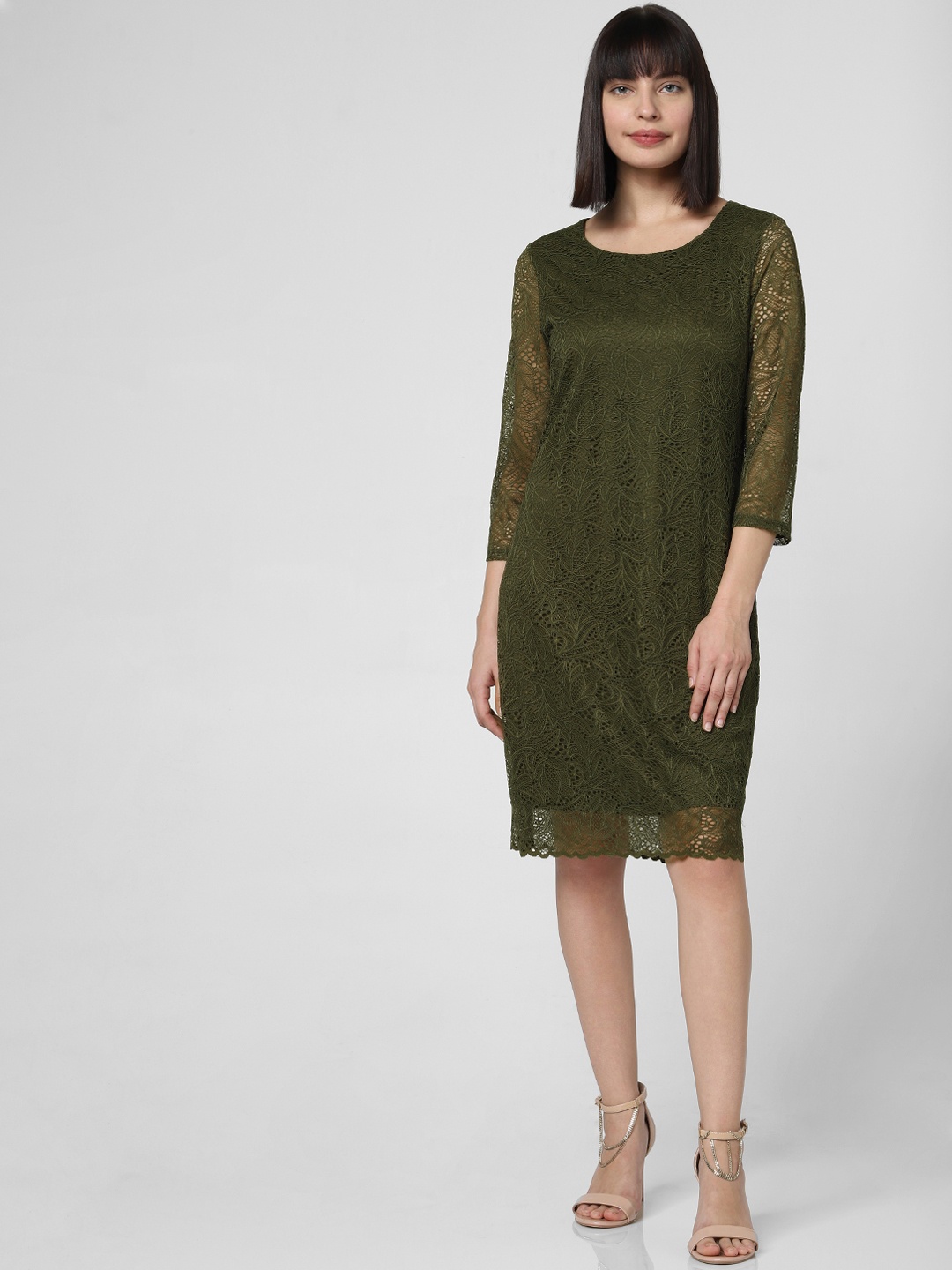 

Vero Moda Women Olive Green Self Design Lace Sheath Dress