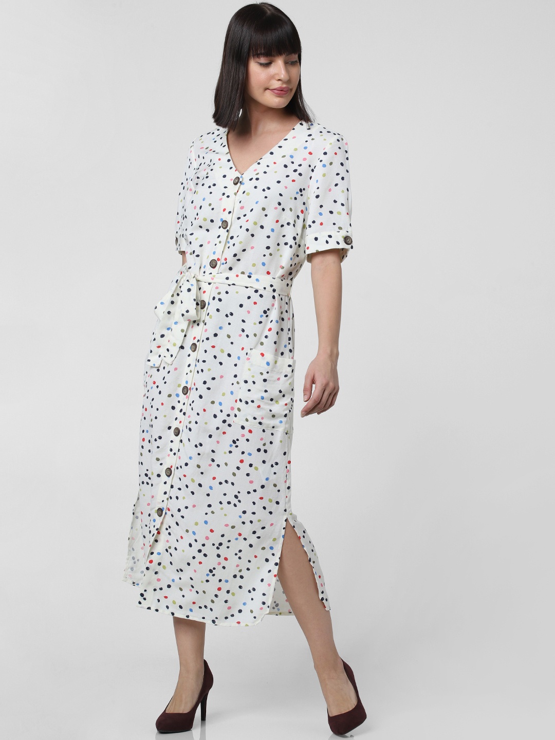 

Vero Moda Women White & Blue Polka Dot Printed Shirt Dress