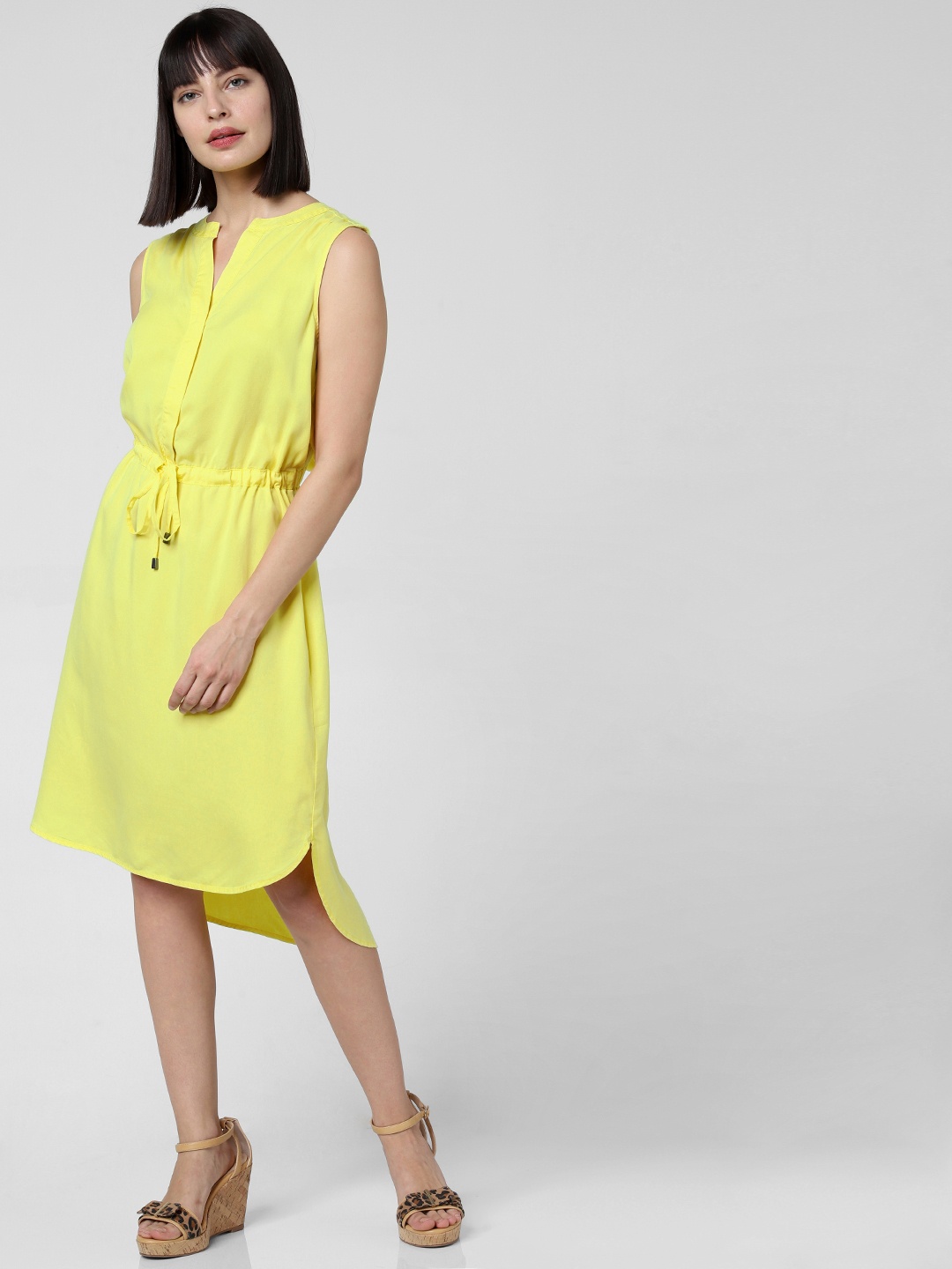 

Vero Moda Women Yellow Solid Fit and Flare Dress With Waist Tie-Ups