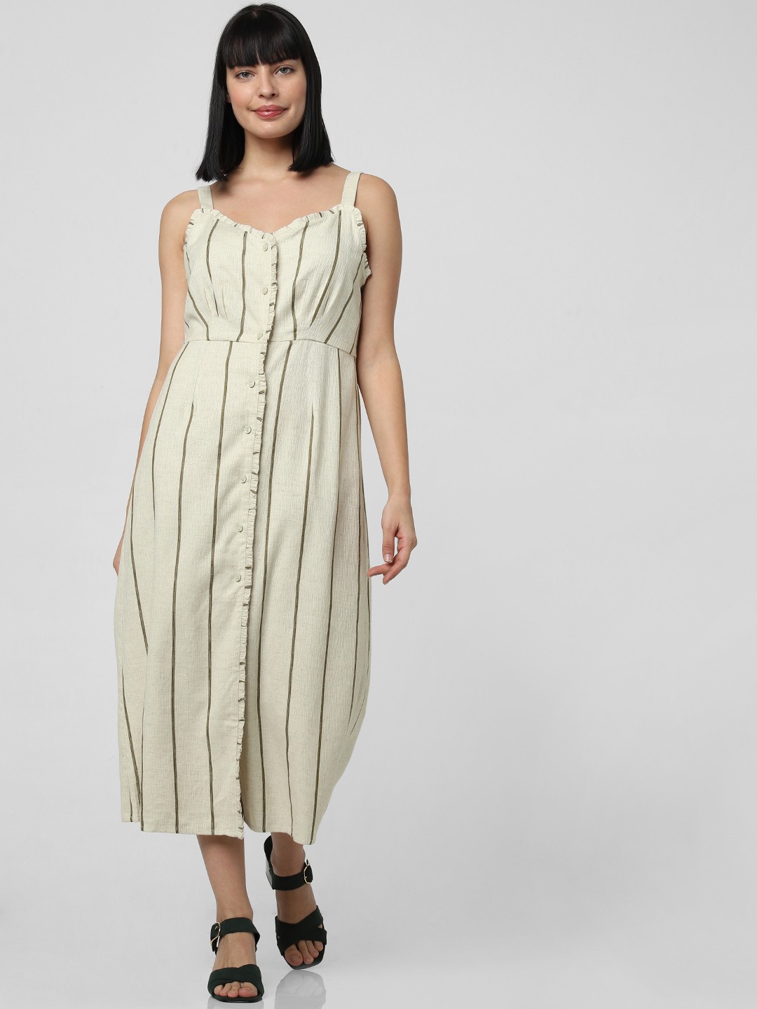 

Vero Moda Off-White & Olive Green Striped Ruffle Trim Button-up Midi Dress