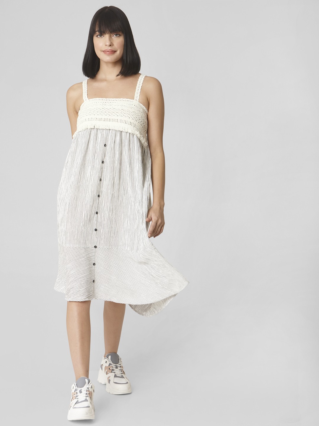 

Vero Moda White & Black Striped Crochet Lace High-Low Dress