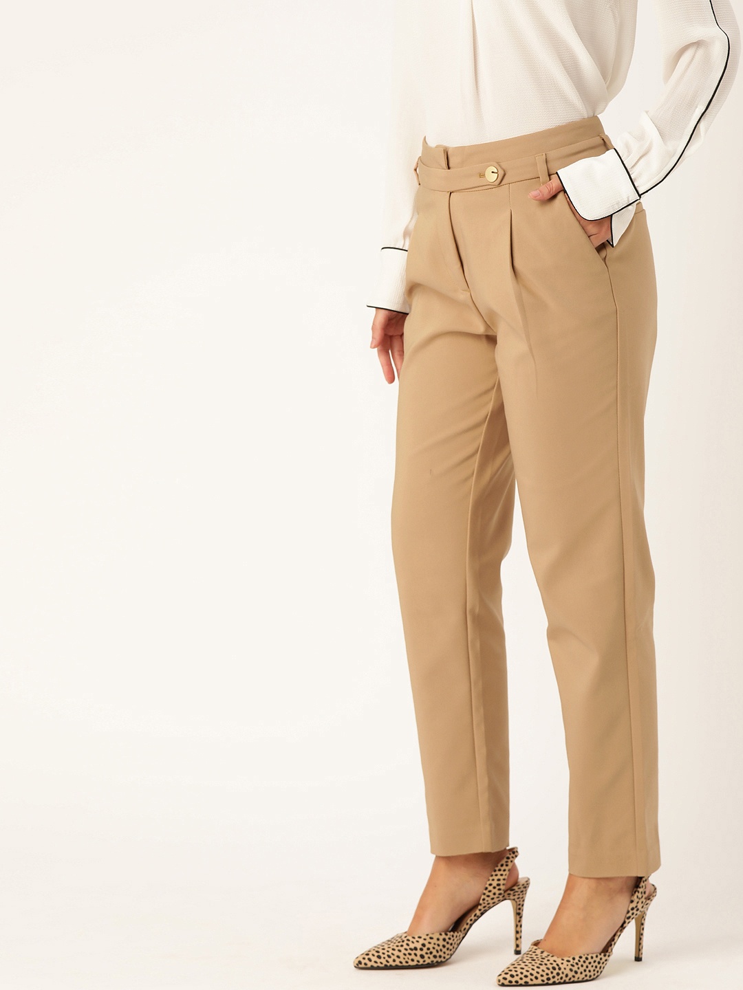 

Madame Women Khaki Regular Fit Solid Formal Trousers