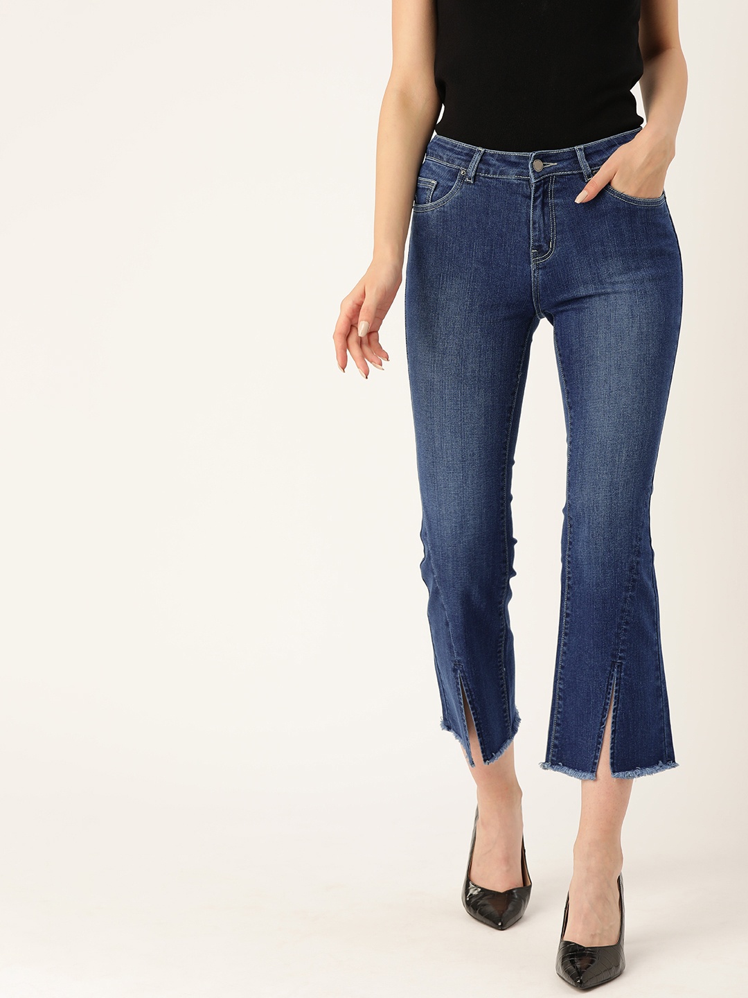 

Madame Women Navy Blue Flared Fit Mid-Rise Clean Look Stretchable Cropped Jeans