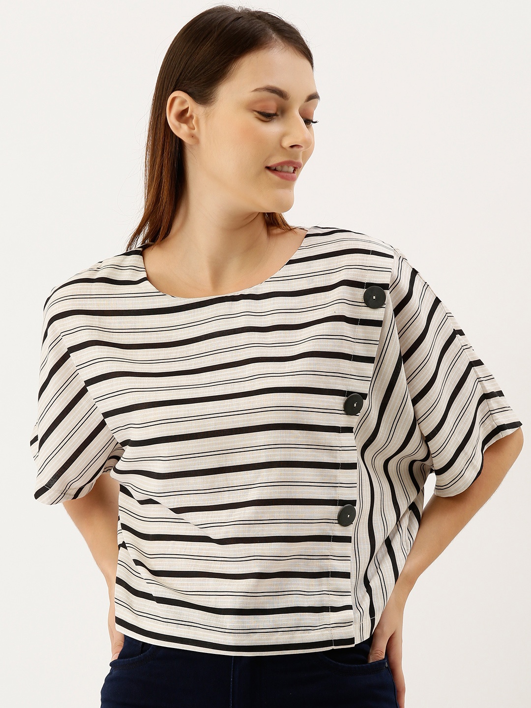 

Madame Women Beige & Black Striped Top