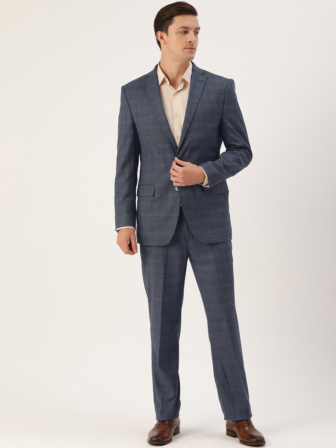 

Peter England Men Navy Blue Checked Tailored Fit Single Breasted Formal Suit