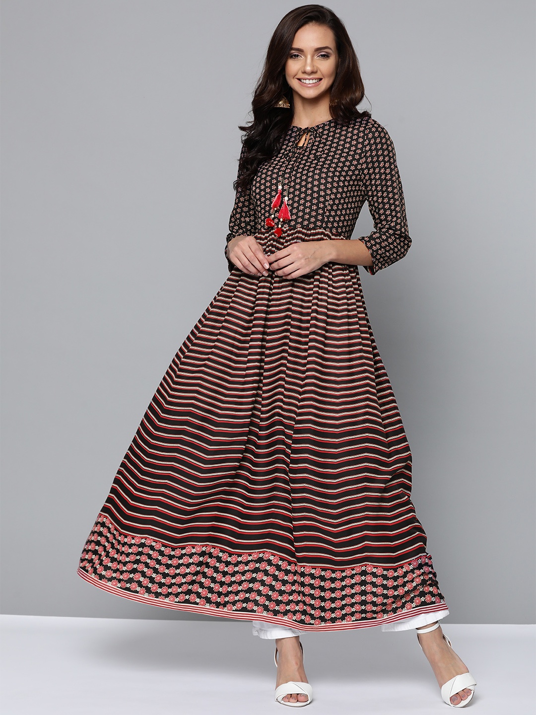 

HERE&NOW Women Black & Red Striped Anarkali Kurta