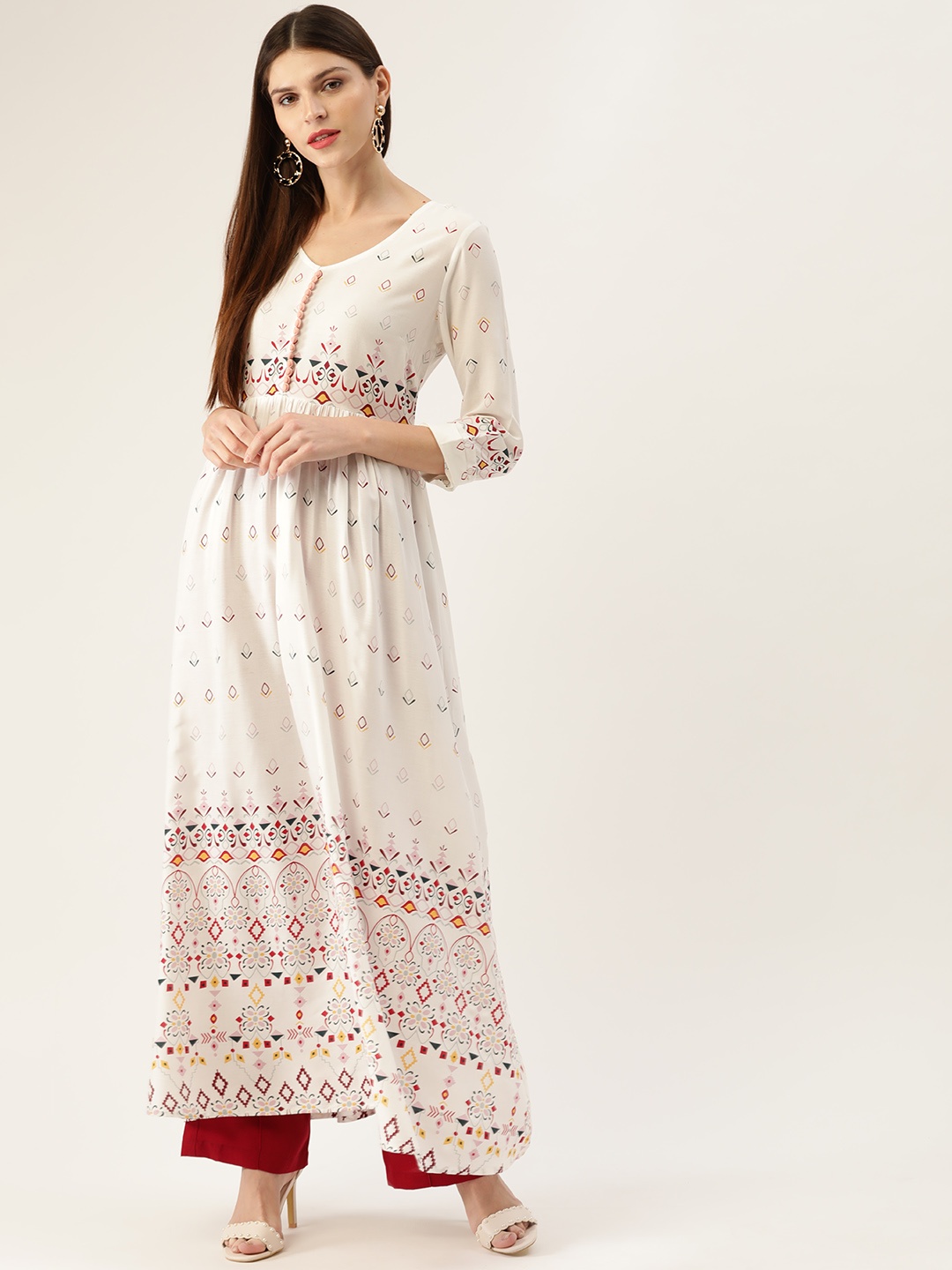 

HERE&NOW Women White & Red Ethnic Printed Anarkali Kurta