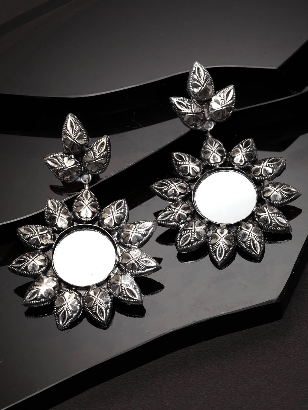 

PANASH Silver-Plated Floral Oxidised Drop Earrings