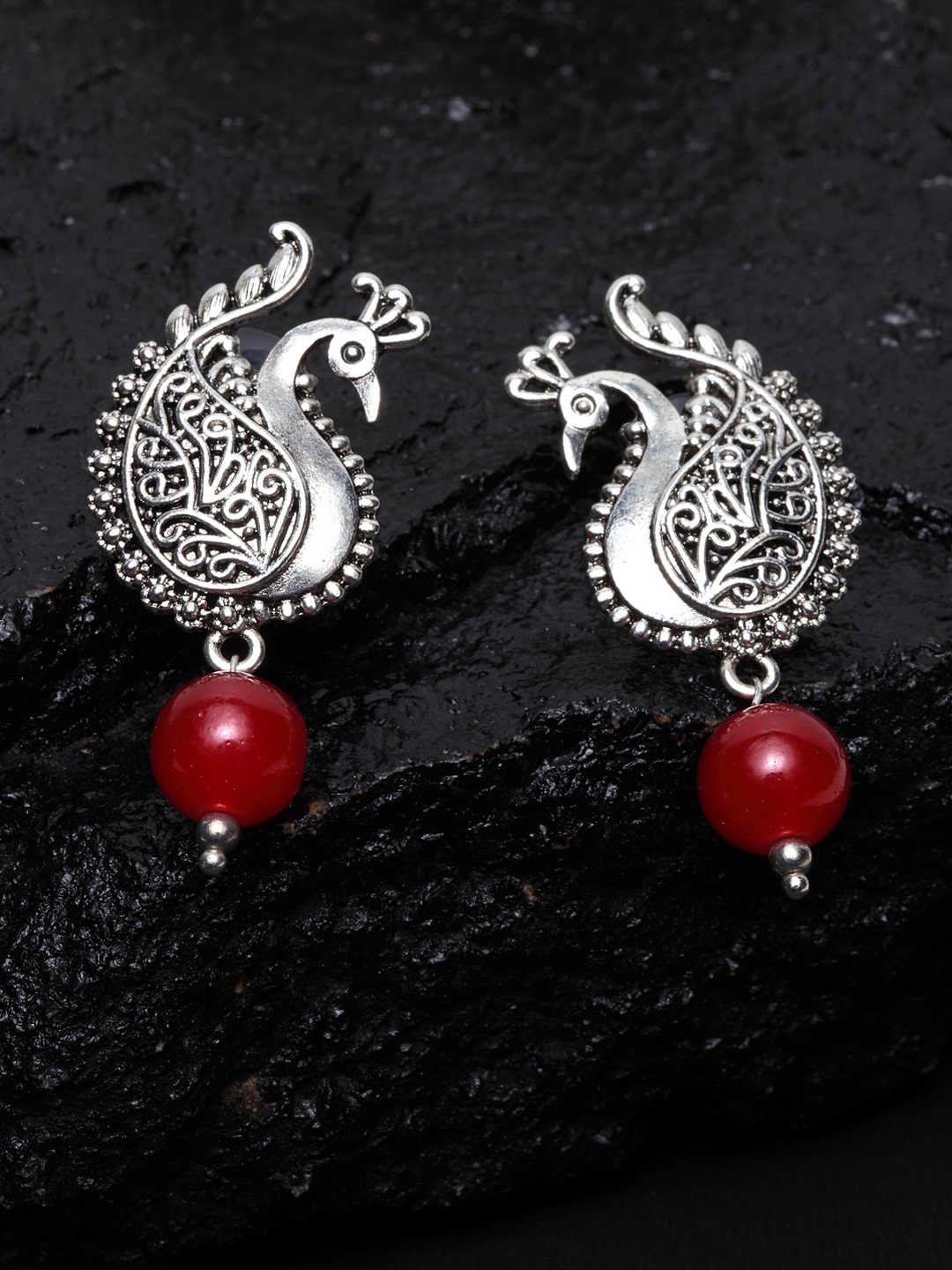 

PANASH Red & Silver-Plated Peacock Shaped Oxidized Drop Earrings