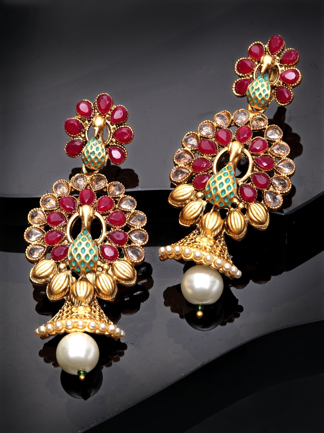 

PANASH Gold-Plated & Red Peacock Shaped Handpainted Drop Earrings