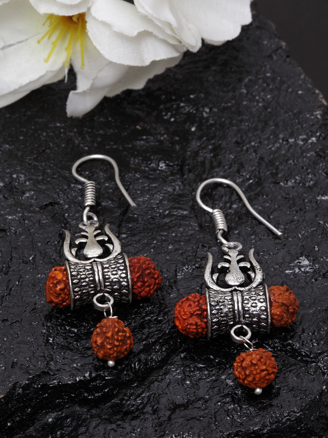 

PANASH Silver-Plated & Brown Oxidised Classic Drop Earrings