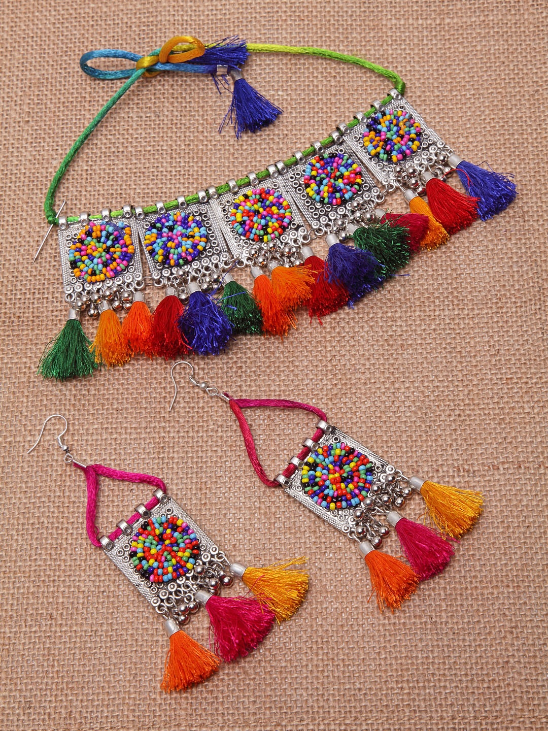 

PANASH Silver-Plated Orange & Blue Beaded Handcrafted Afghan Jewellery Set