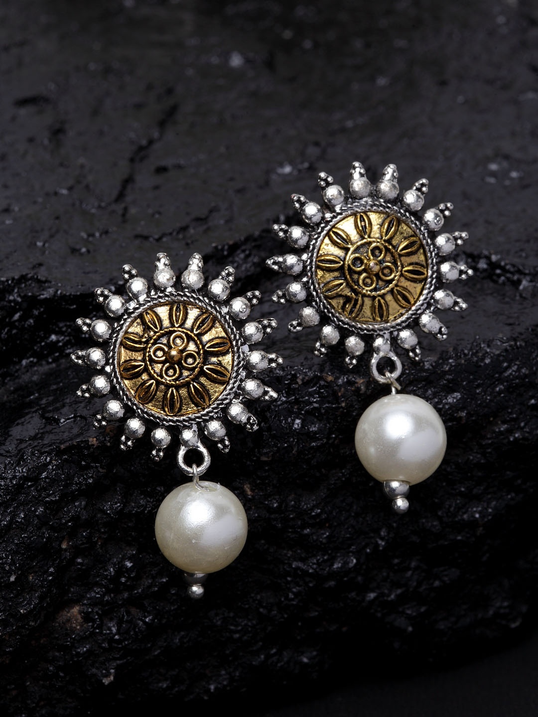 

PANASH Silver-Plated & Gold-Toned Circular Drop Earrings
