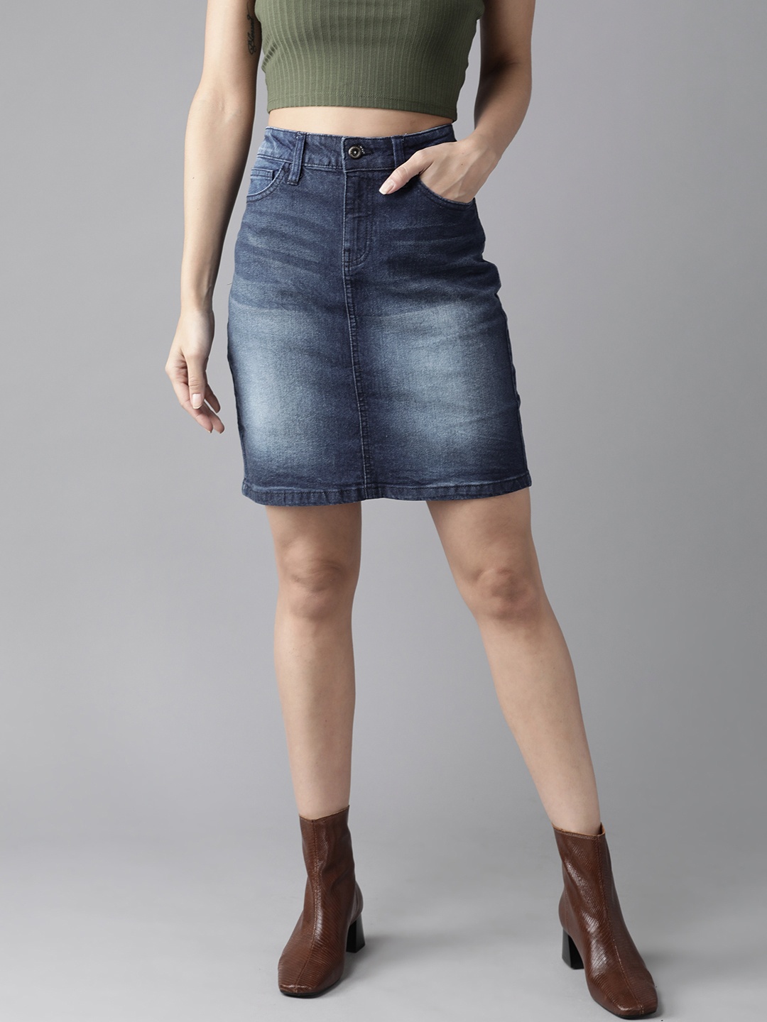 

Roadster Women Blue Washed Denim Straight Skirt