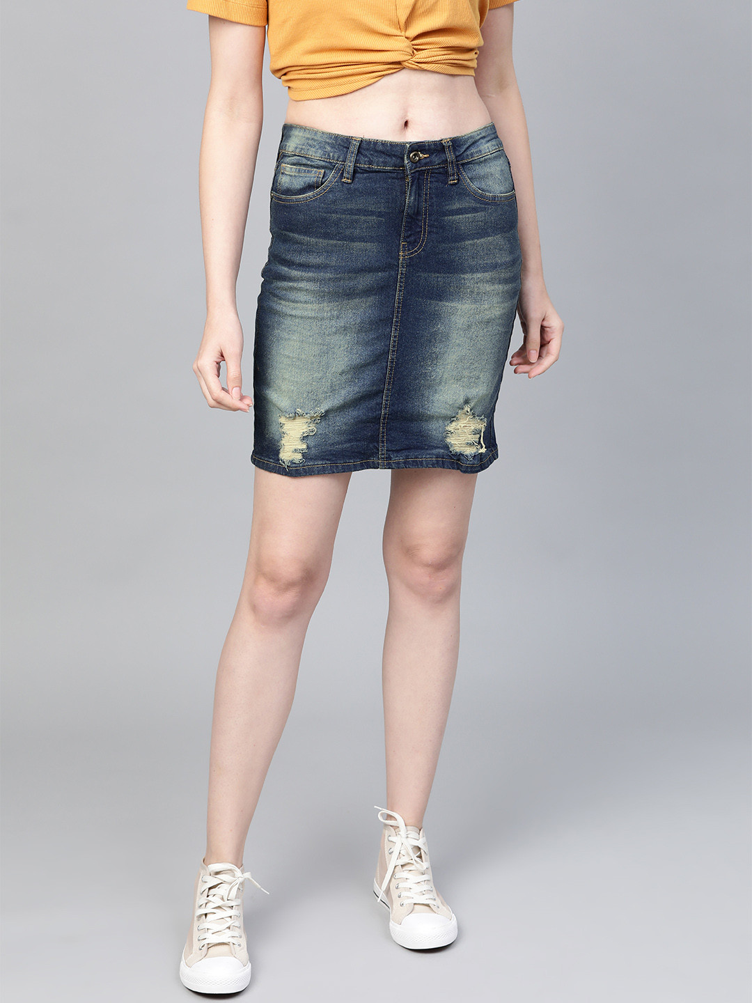 

Roadster Women Navy Washed Denim Straight Skirt, Navy blue