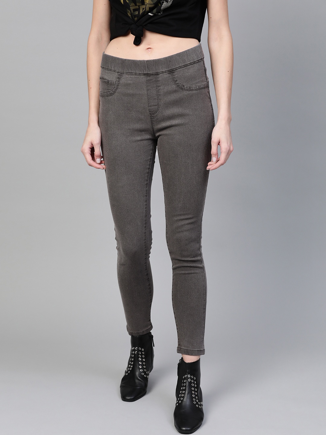 

Roadster Women Charcoal Grey Super Skinny Fit Solid Denim Treggings