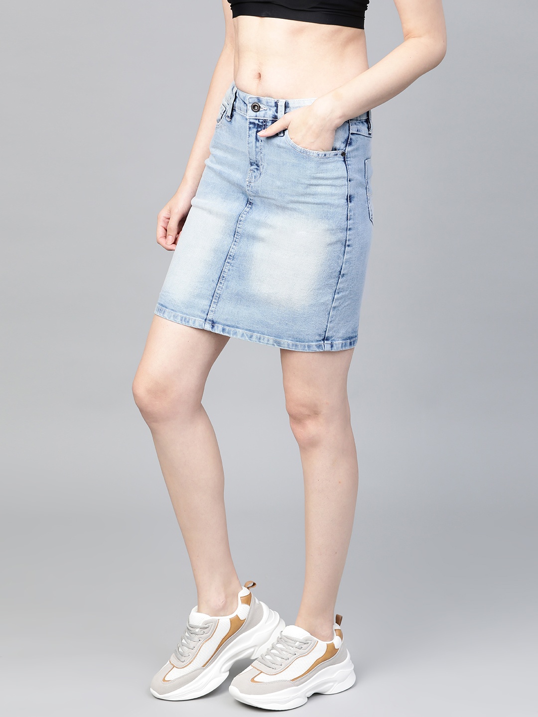 

Roadster Women Blue Washed Denim Straight Skirt