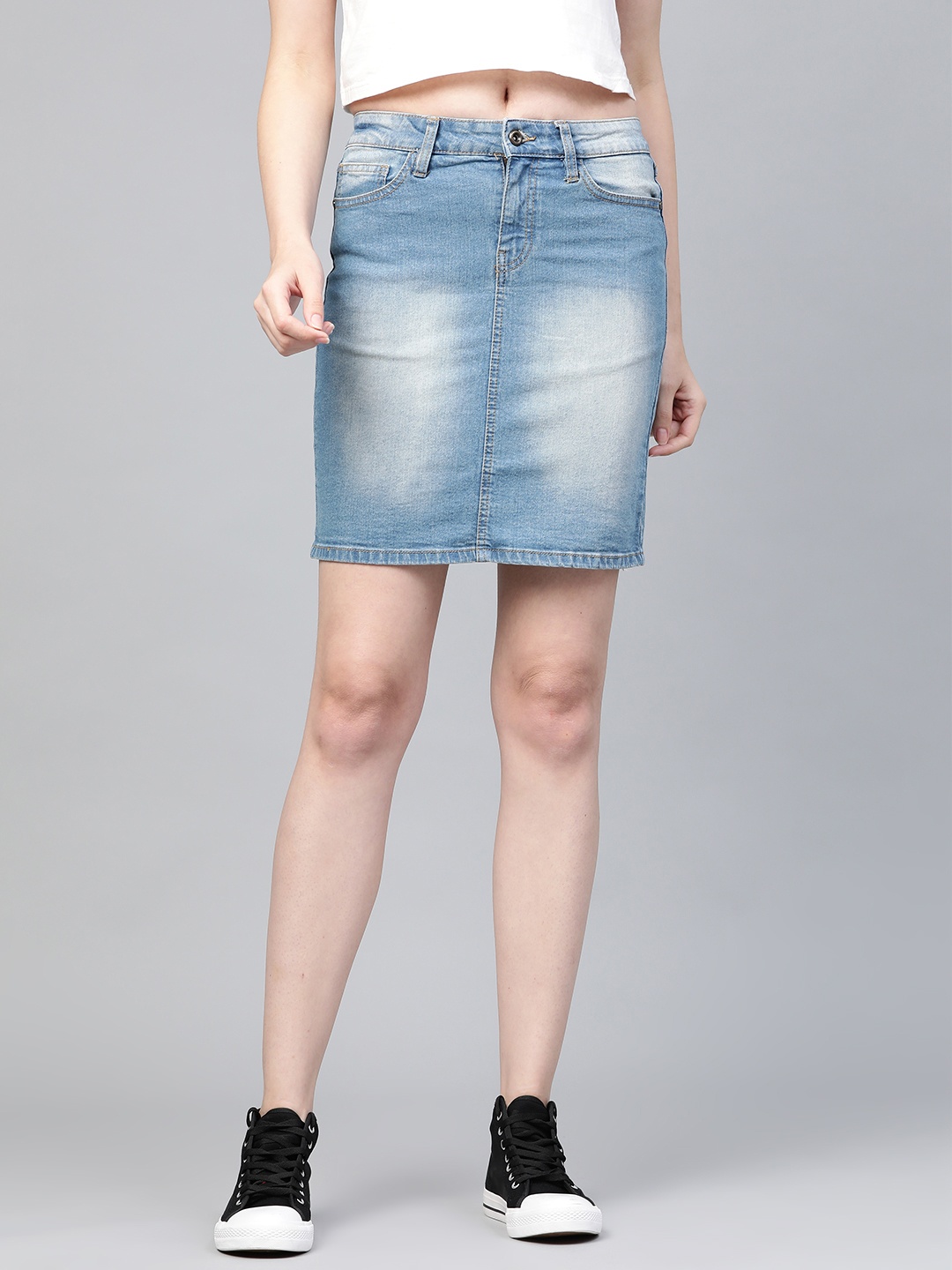 

Roadster Women Blue Washed Denim Straight Skirt