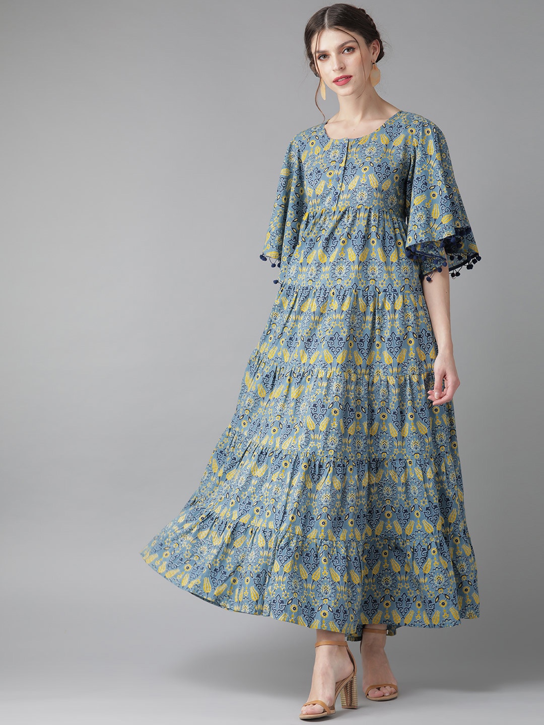 

AKS Women Blue & Yellow Printed Tiered Maxi Dress