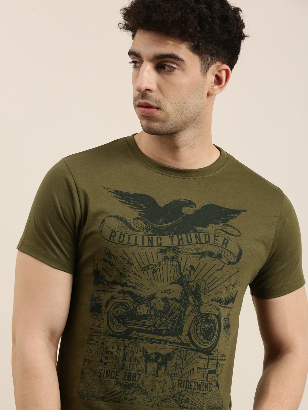 

Conditions Apply Men Olive Green Black Printed Round Neck Pure Cotton T-shirt