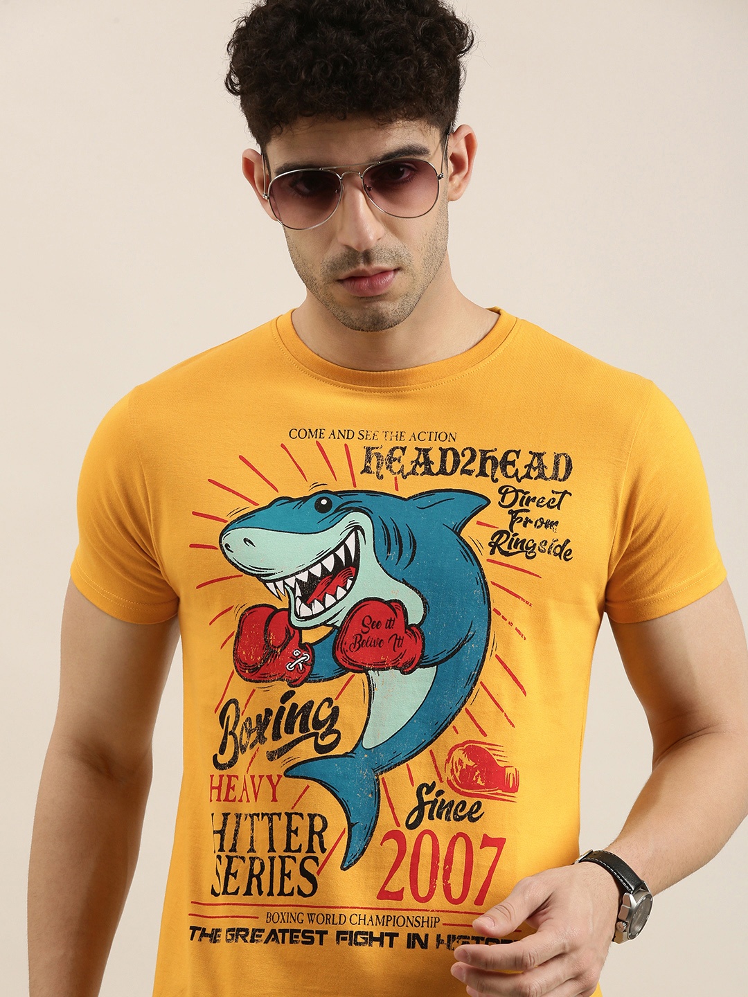 

Conditions Apply Men Mustard Yellow Blue Printed Round Neck Pure Cotton T-shirt