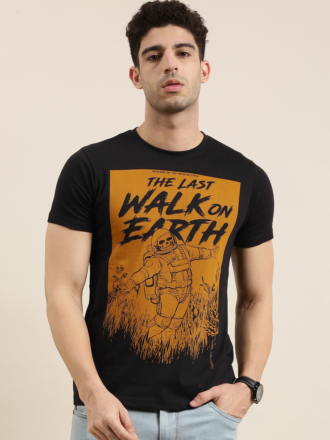 

Conditions Apply Men Black Mustard Yellow Printed Round Neck Pure Cotton T-shirt