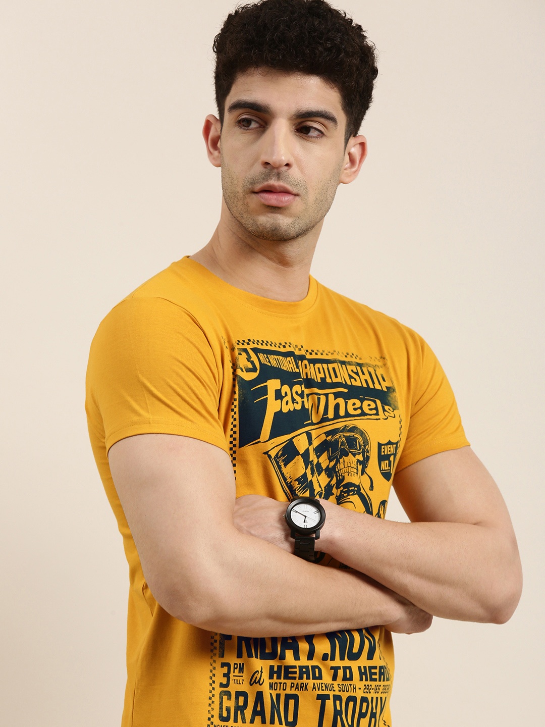 

Conditions Apply Men Mustard Yellow Printed Round Neck Pure Cotton T-shirt