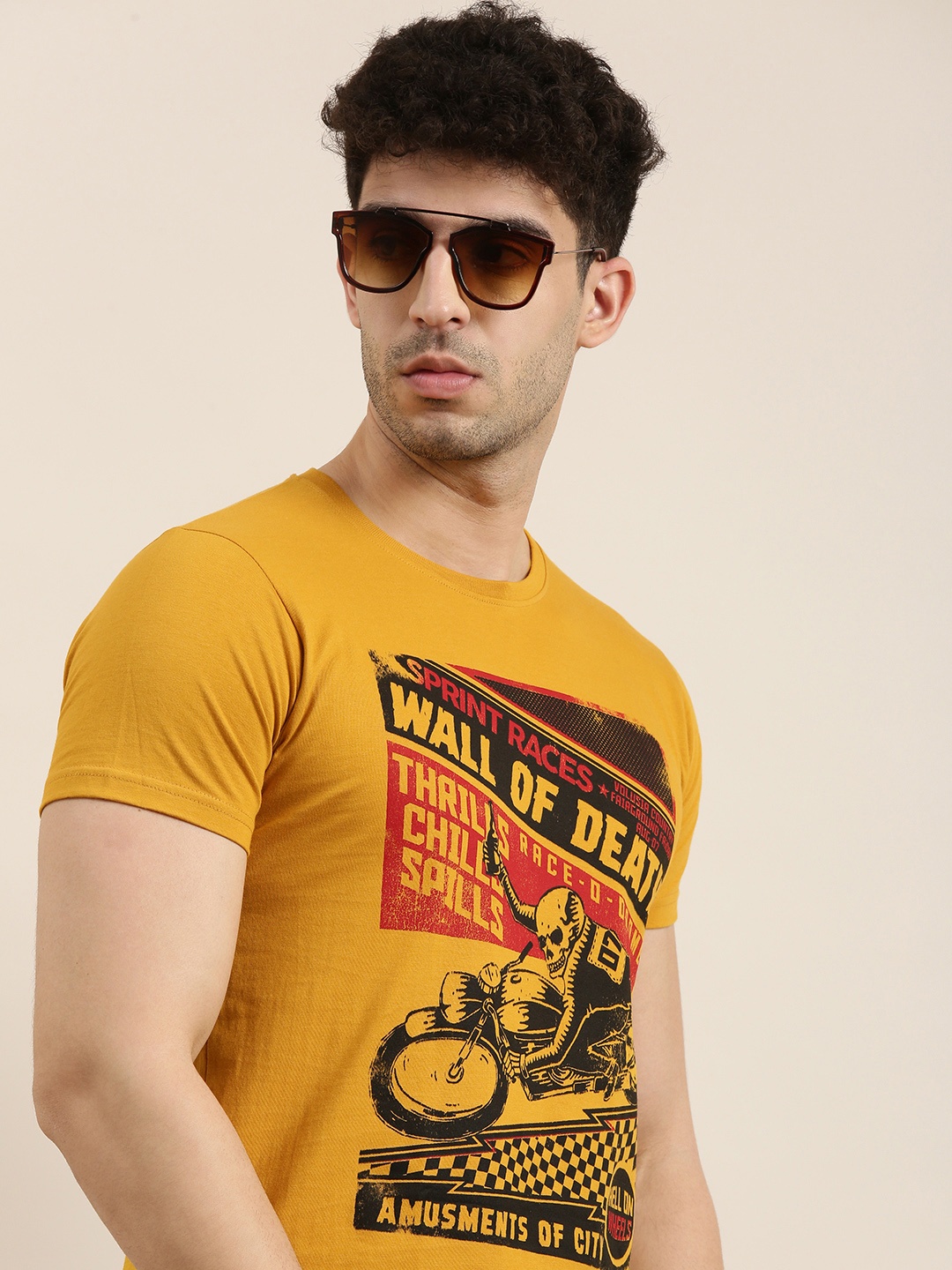 

Conditions Apply Men Mustard Yellow Black Printed Round Neck Pure Cotton T-shirt