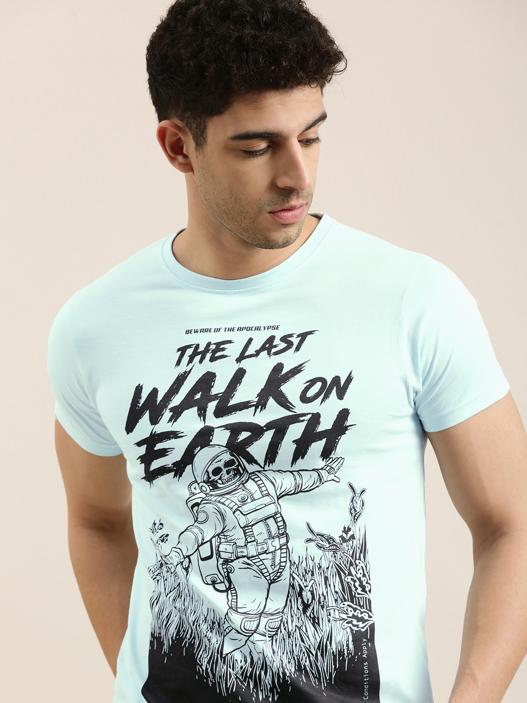 

Conditions Apply Men Blue Printed Round Neck Pure Cotton T-shirt