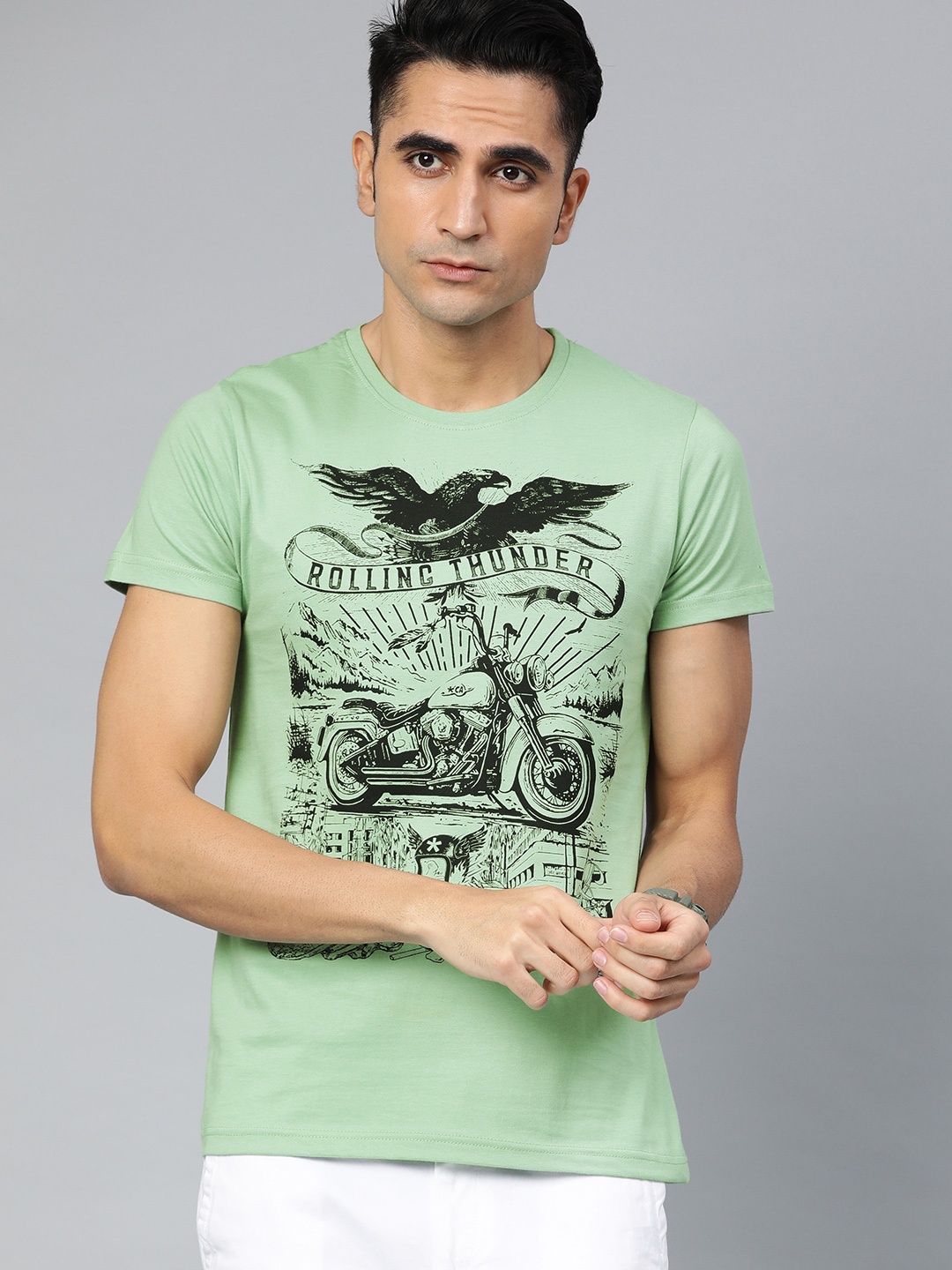 

Conditions Apply Men Green Black Printed Round Neck Pure Cotton T-shirt